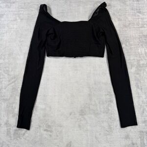 American Eagle Mesh Crop Top Womens Small Black Smocked Long Sleeve Tie Front